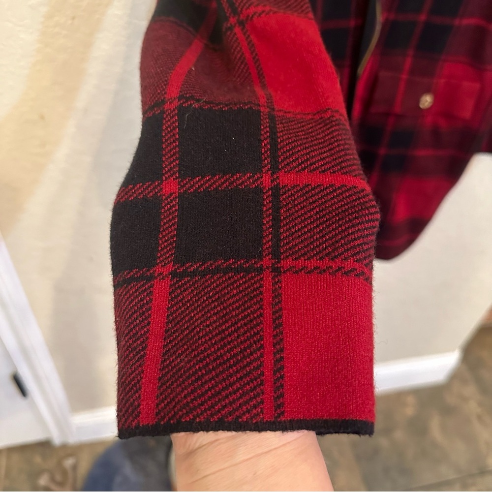 Anne Klein Medium Red & Black Buffalo Check Plaid Open Front Utility Winter Coat - Picture 5 of 8